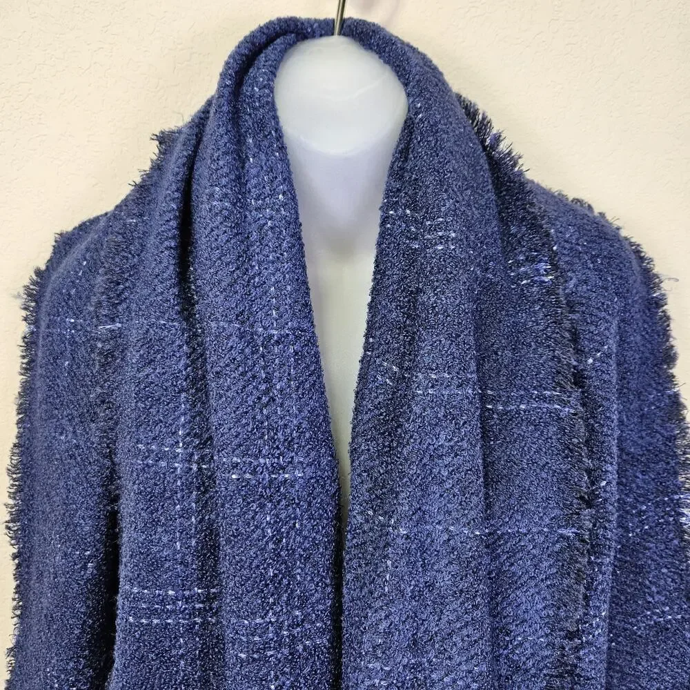 Talbots Metallic Windowpane Plaid Wrap Womens Large Scarf Sapphire Blue Fringed